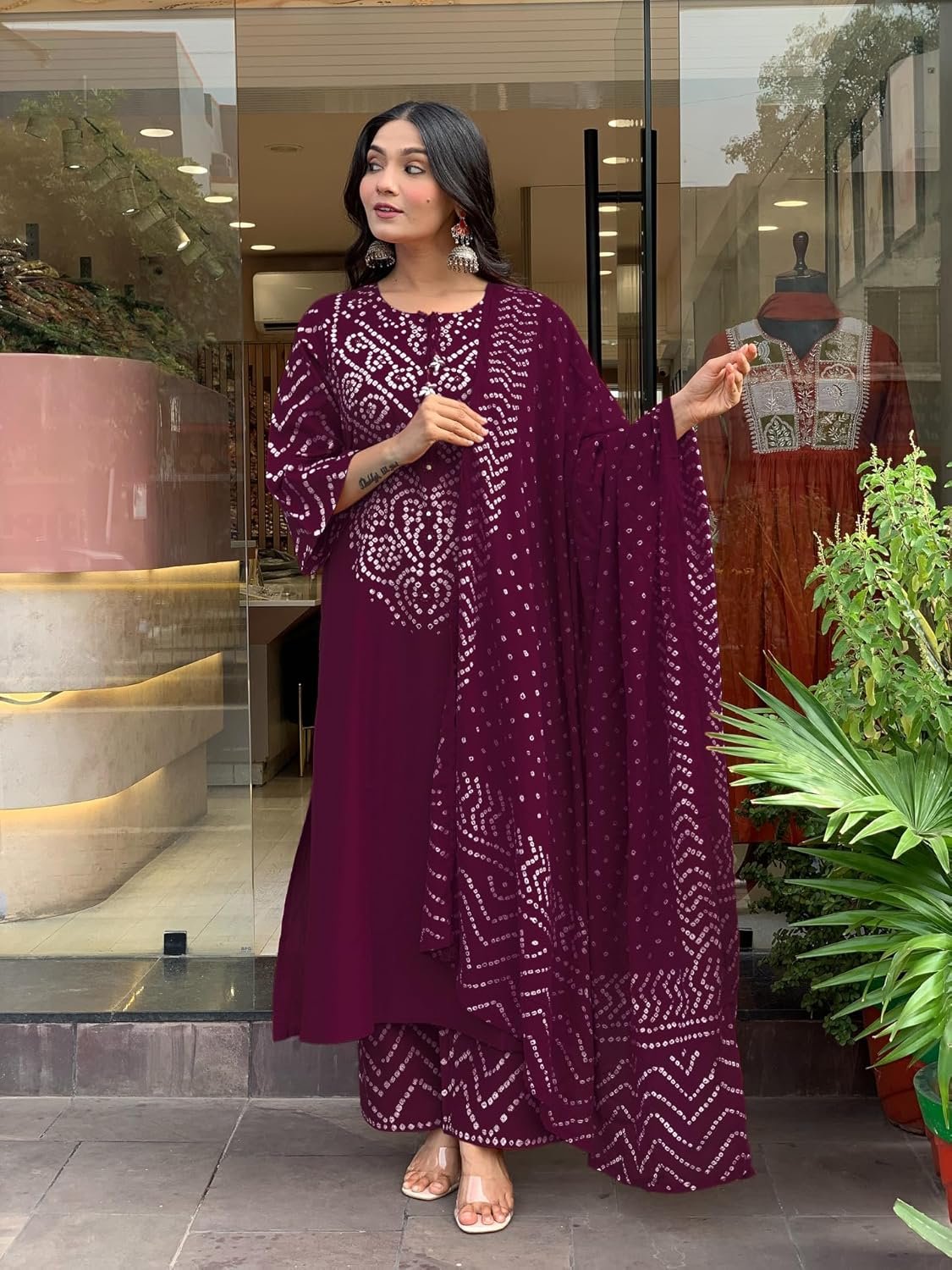 GoSriKi Women's Rayon Viscose Bandhej Printed Straight Kurta Pant with Dupatta - Image 6