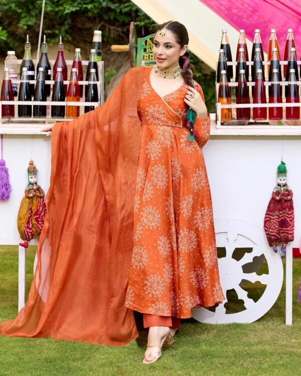 GoSriKi Women's Rayon Viscose Bandhej Printed Anarkali Kurta with Pant & Dupatta