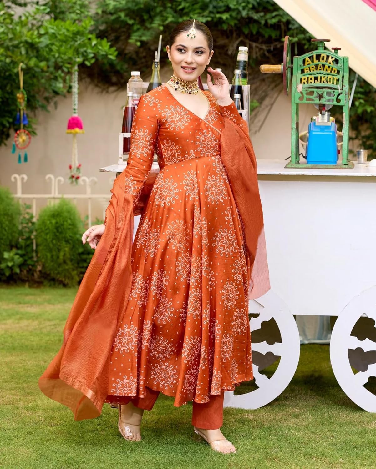 GoSriKi Women's Rayon Viscose Bandhej Printed Anarkali Kurta with Pant & Dupatta - Image 4