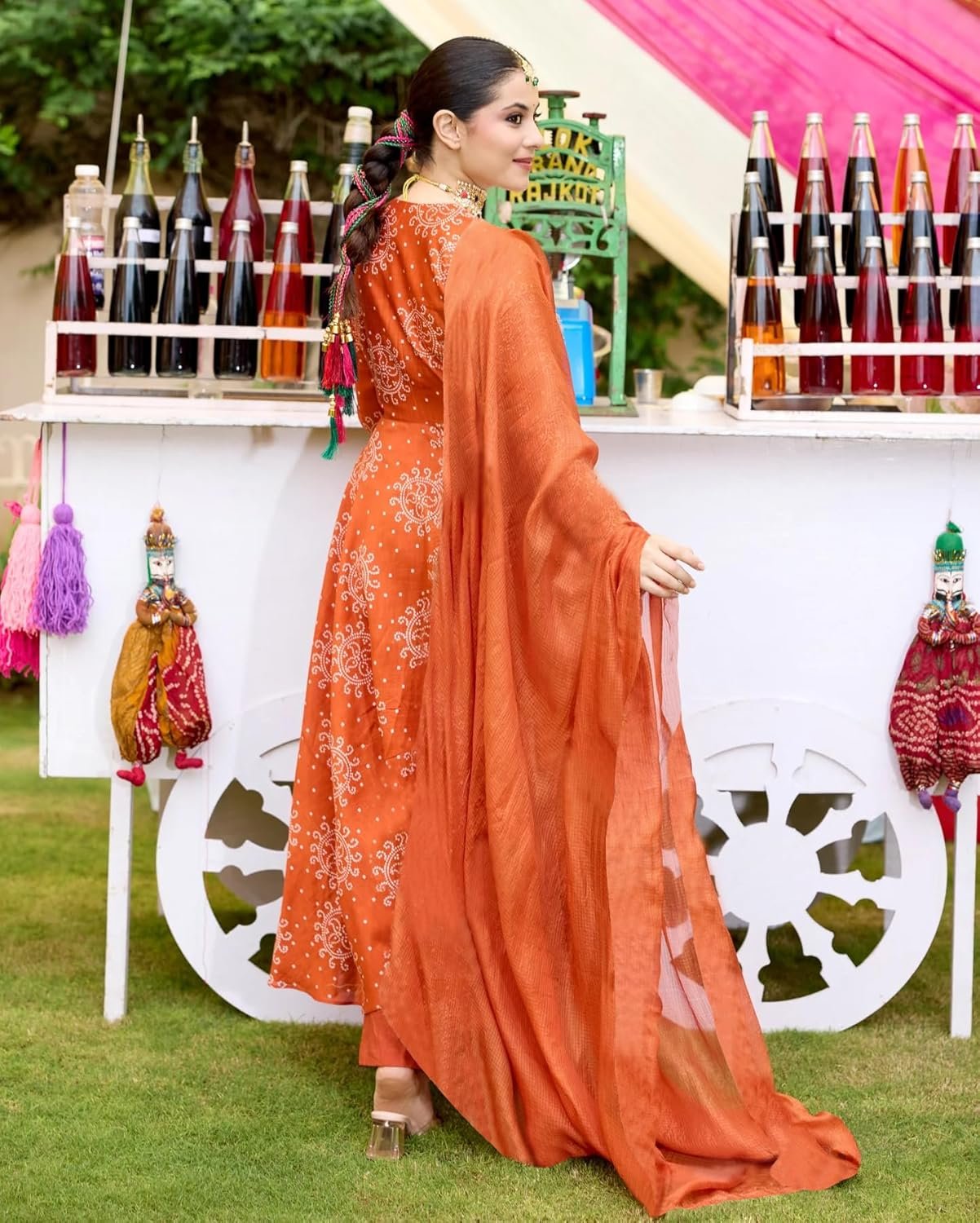 GoSriKi Women's Rayon Viscose Bandhej Printed Anarkali Kurta with Pant & Dupatta - Image 5
