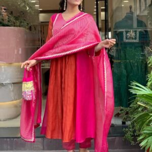 GoSriKi Women's Rayon Viscose Solid Anarkali Kurta Pant with Dupatta