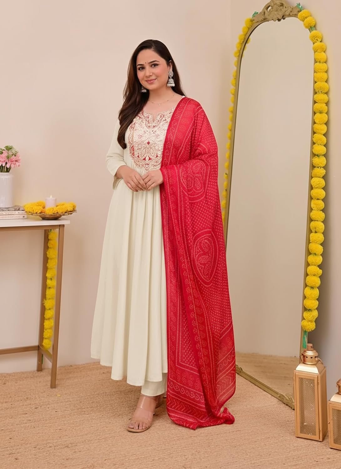 GoSriKi Women's Rayon Viscose Anarkali Embroidery Kurta with Pant and Dupatta - Image 3