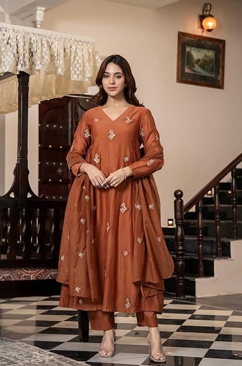 GoSriKi Women's Rayon Viscose Anarkali Embroidery Kurta with Pant with Dupatta - Image 3