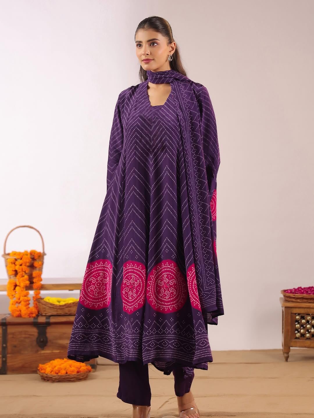 GoSriKi Women's Rayon Viscose Anarkali Printed Kurta with Pant & Dupatta