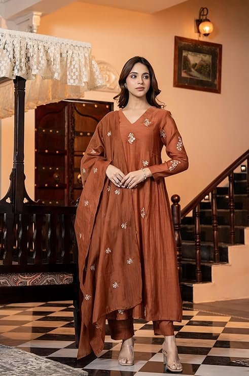 GoSriKi Women's Rayon Viscose Anarkali Embroidery Kurta with Pant with Dupatta - Image 4