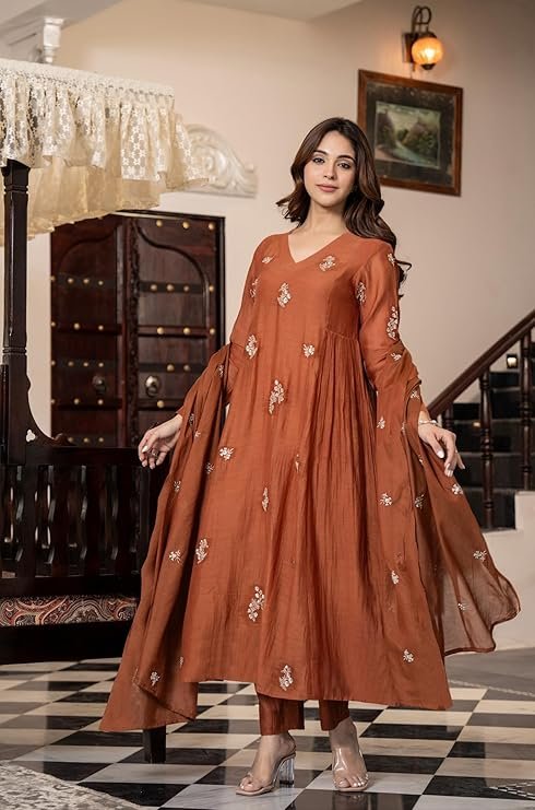 GoSriKi Women's Rayon Viscose Anarkali Embroidery Kurta with Pant with Dupatta