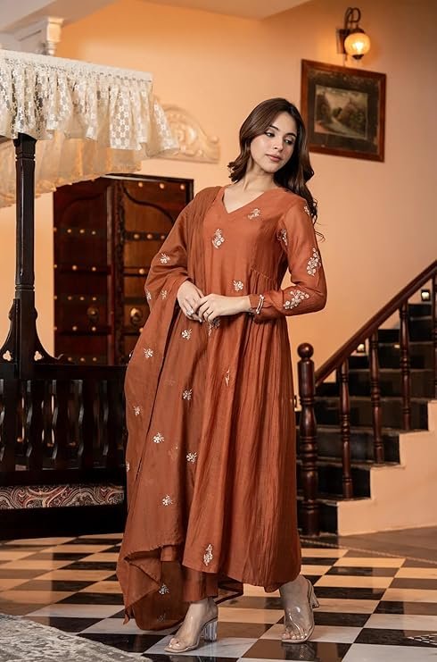 GoSriKi Women's Rayon Viscose Anarkali Embroidery Kurta with Pant with Dupatta - Image 5