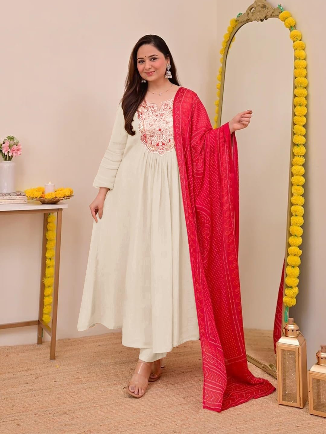 GoSriKi Women's Rayon Viscose Anarkali Embroidery Kurta with Pant and Dupatta