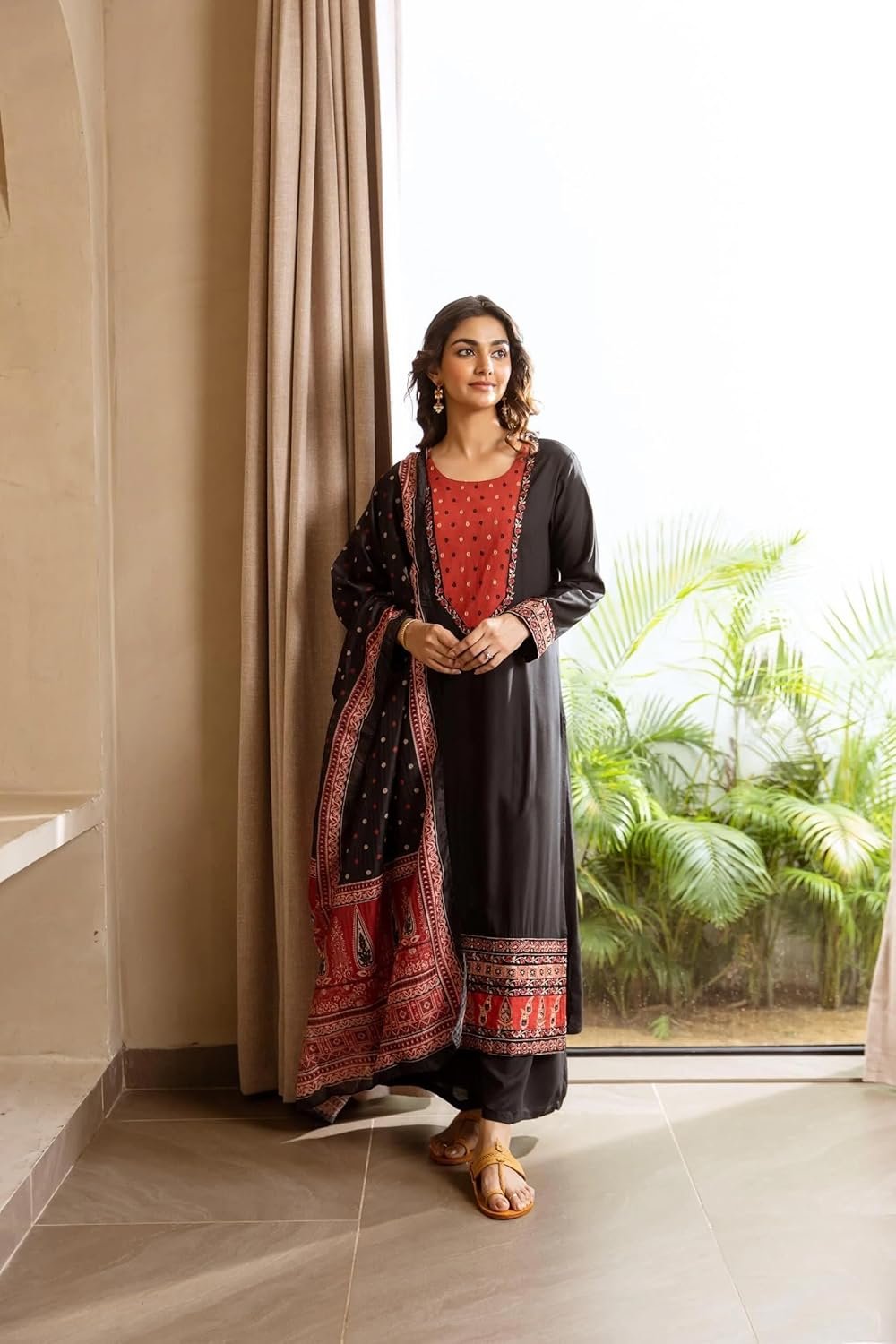GoSriKi Women’s Viscose Straight Kurta Set with Palazzo & Dupatta