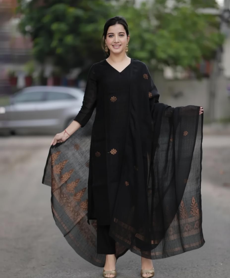 GoSriKi Women's Black Rayon Viscose Printed Kurta with Pant and Dupatta - Image 5