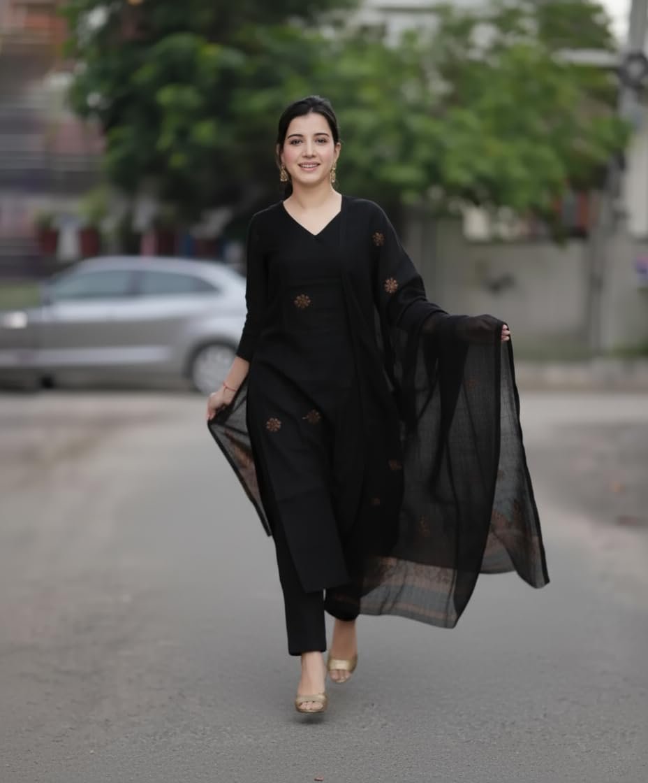 GoSriKi Women's Black Rayon Viscose Printed Kurta with Pant and Dupatta