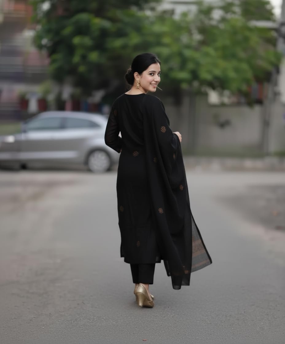 GoSriKi Women's Black Rayon Viscose Printed Kurta with Pant and Dupatta - Image 3