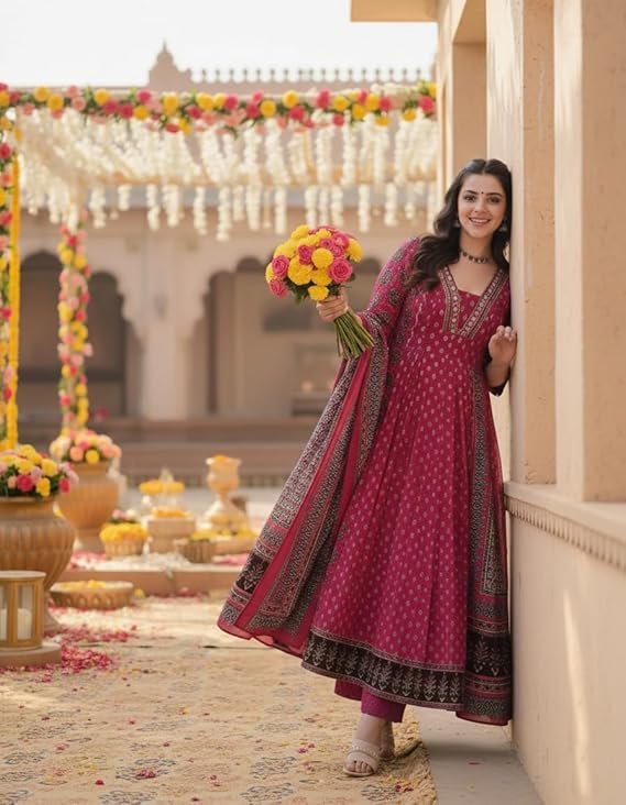 GoSriKi Women's Anarkali Rayon Viscose Kurta with Pant & Dupatta - Image 3