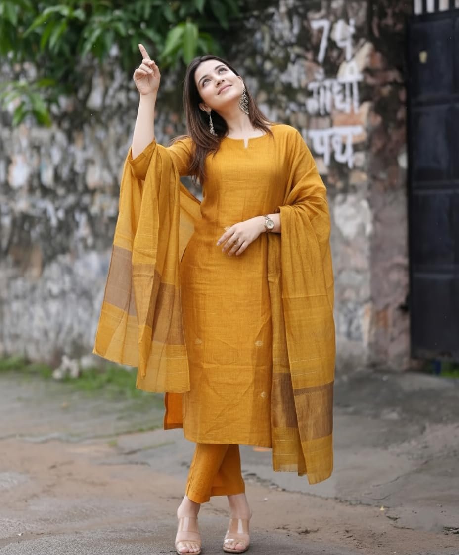 GoSriKi Women's Rayon Viscose Solid Straight Kurta with Pant & Dupatta - Image 3