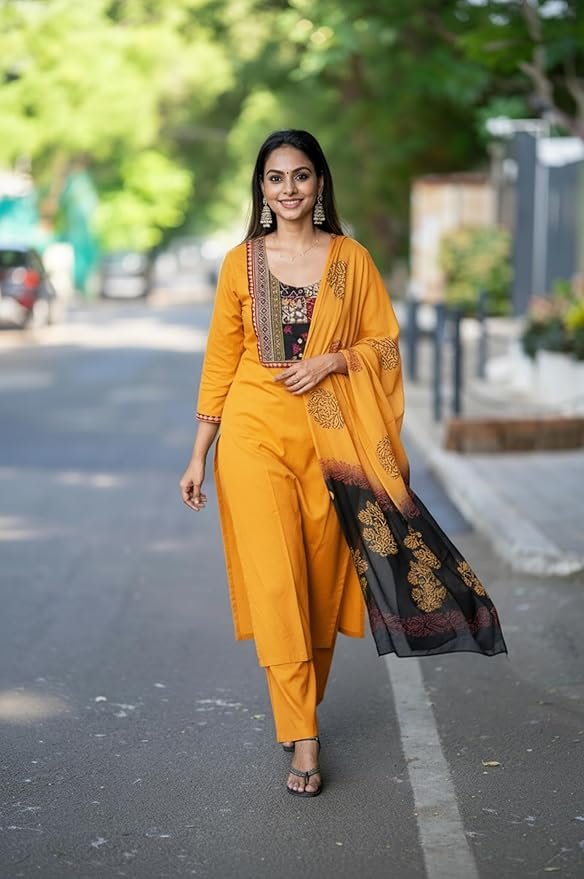 GoSriKi Women's Rayon Viscose Printed Straight Kurta with Pant & Dupatta