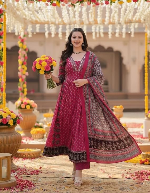 GoSriKi Women's Anarkali Rayon Viscose Kurta with Pant & Dupatta