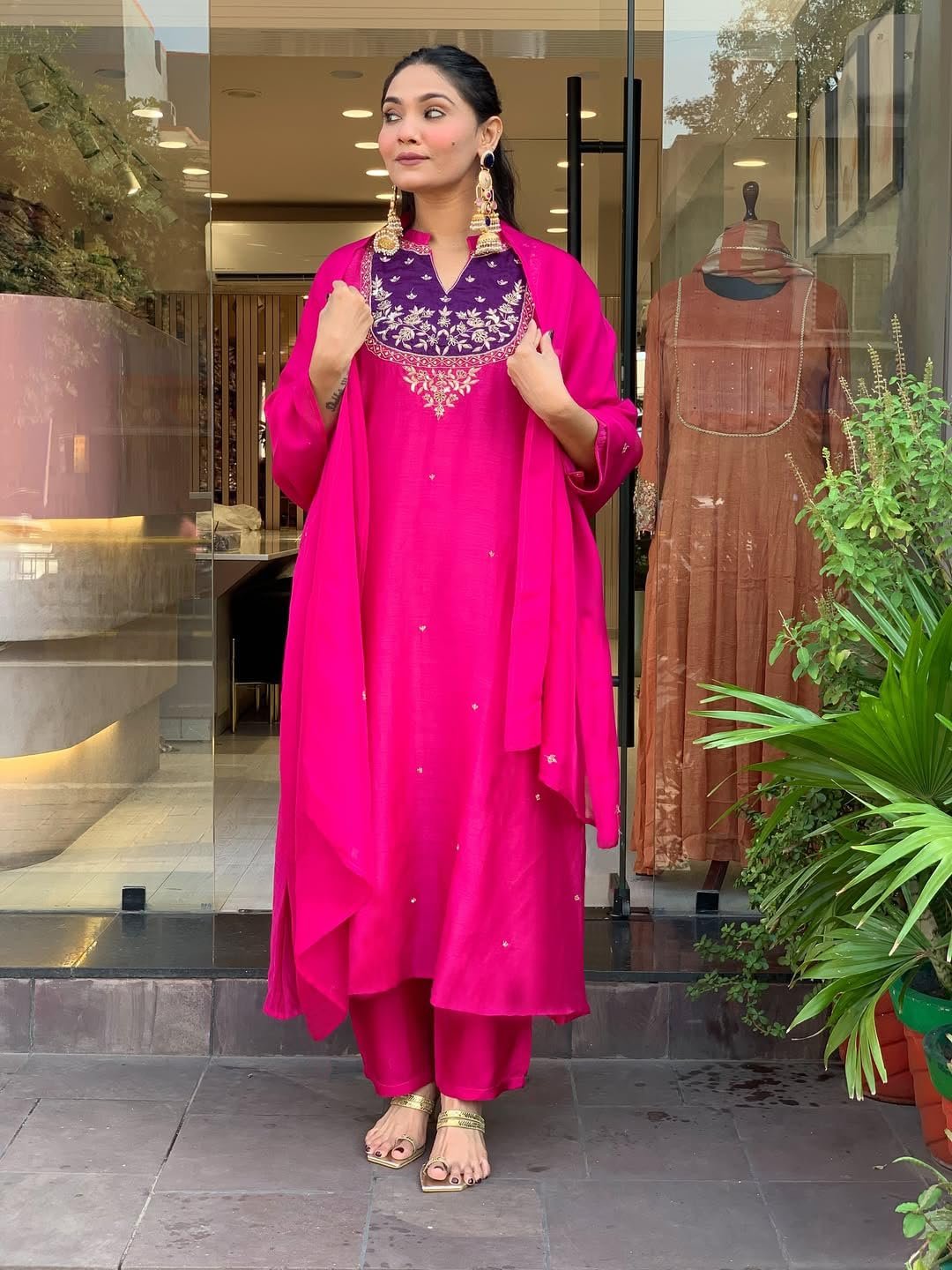 GoSriKi Women's Rayon Viscose Solid Anarkali Embroidery Kurta with Pant and Dupatta - Image 3