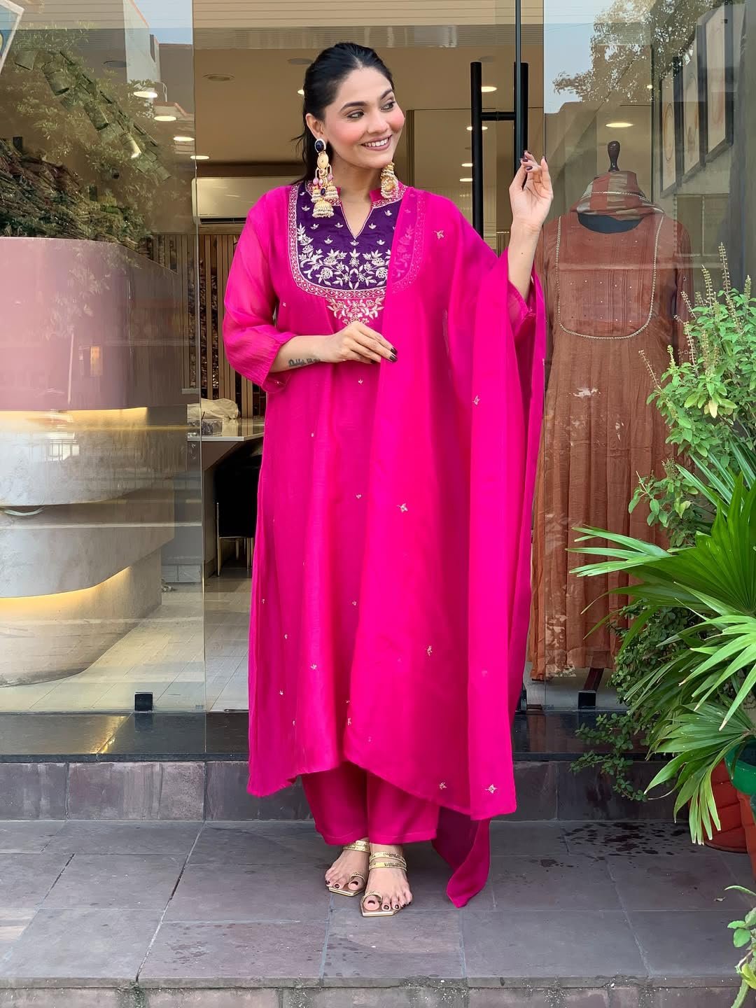 GoSriKi Women's Rayon Viscose Solid Anarkali Embroidery Kurta with Pant and Dupatta