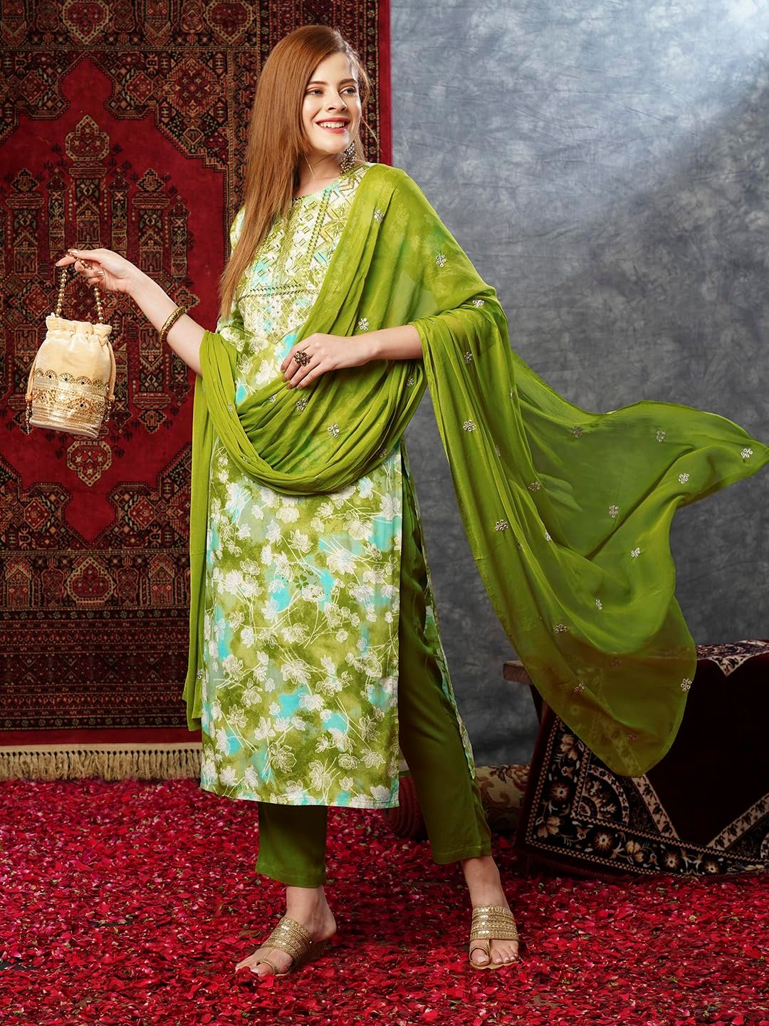 GoSriKi Women's Cotton Blend Kurta Pant with Dupatta - Image 3