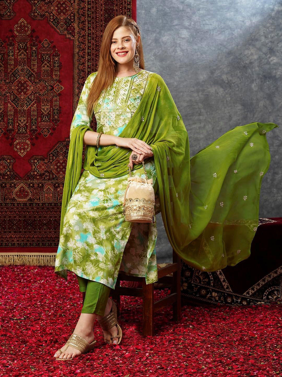 GoSriKi Women's Cotton Blend Kurta Pant with Dupatta