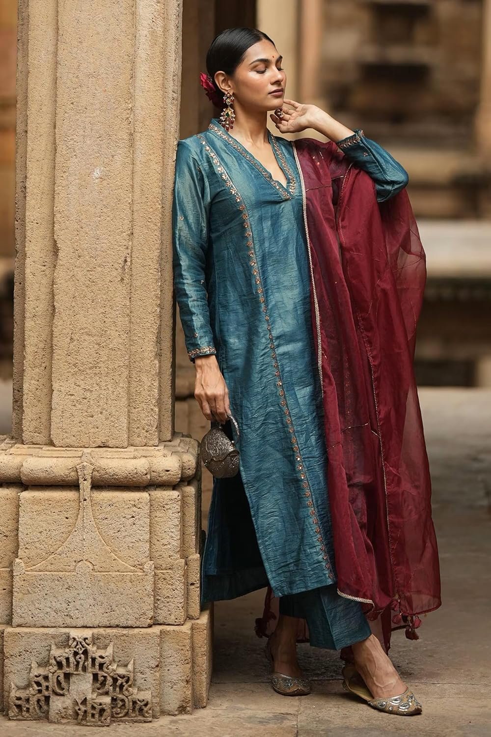 GoSriKi Women's Rayon Viscose Straight Embroidery Kurta with Pant and Dupatta - Image 3