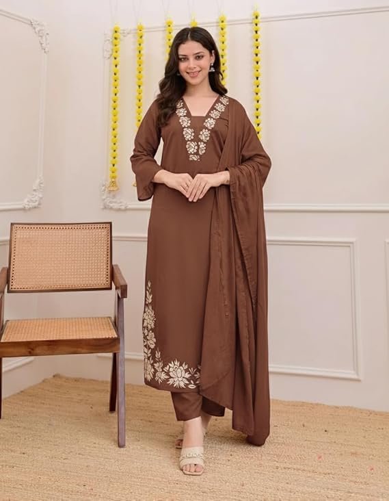 GoSriKi Women's Pure Cotton Embroidered Kurta With Pant & Dupatta