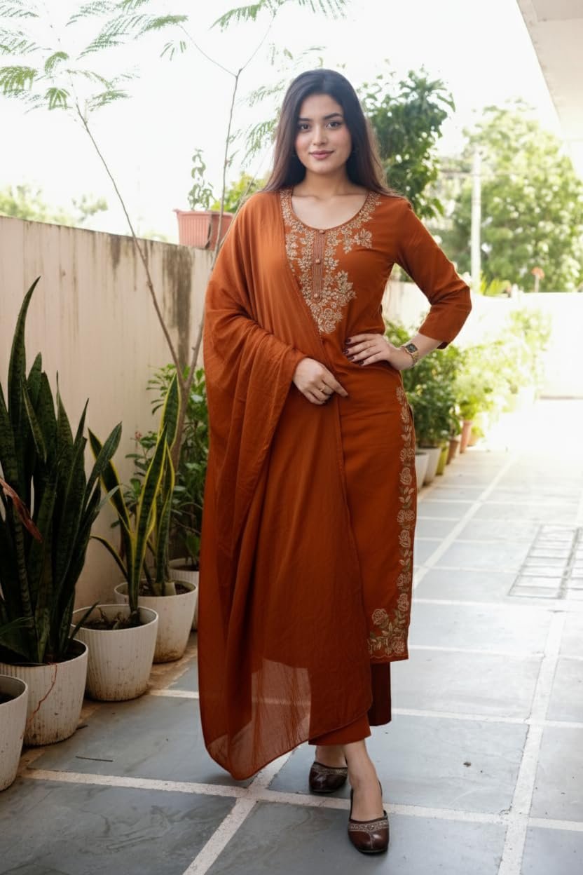 GoSriKi Women's Rayon Viscose Embroidered Straight Kurta with Pant & Dupatta - Image 4