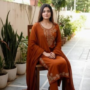 GoSriKi Women's Rayon Viscose Embroidered Straight Kurta with Pant & Dupatta