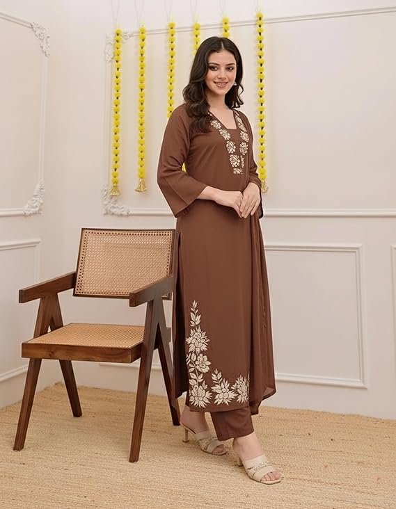 GoSriKi Women's Pure Cotton Embroidered Kurta With Pant & Dupatta - Image 3