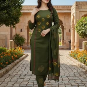 GoSriKi Women’s Rayon Viscose Straight Printed Kurta with Palazzo and Dupatta