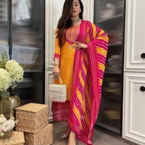 GoSriKi Women’s Viscose Straight Kurta Set with Pant & Dupatta