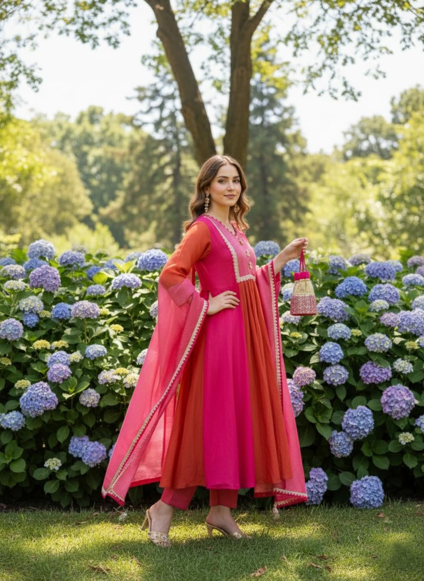 GoSriKi Women's Rayon Viscose Solid Anarkali Kurta Pant with Dupatta - Image 3