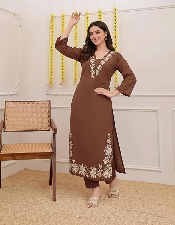 GoSriKi Women's Pure Cotton Embroidered Kurta With Pant & Dupatta - Image 4