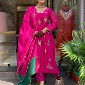 GoSriKi Women's Rayon Viscose Embroidery Straight Kurta with Pant & Dupatta