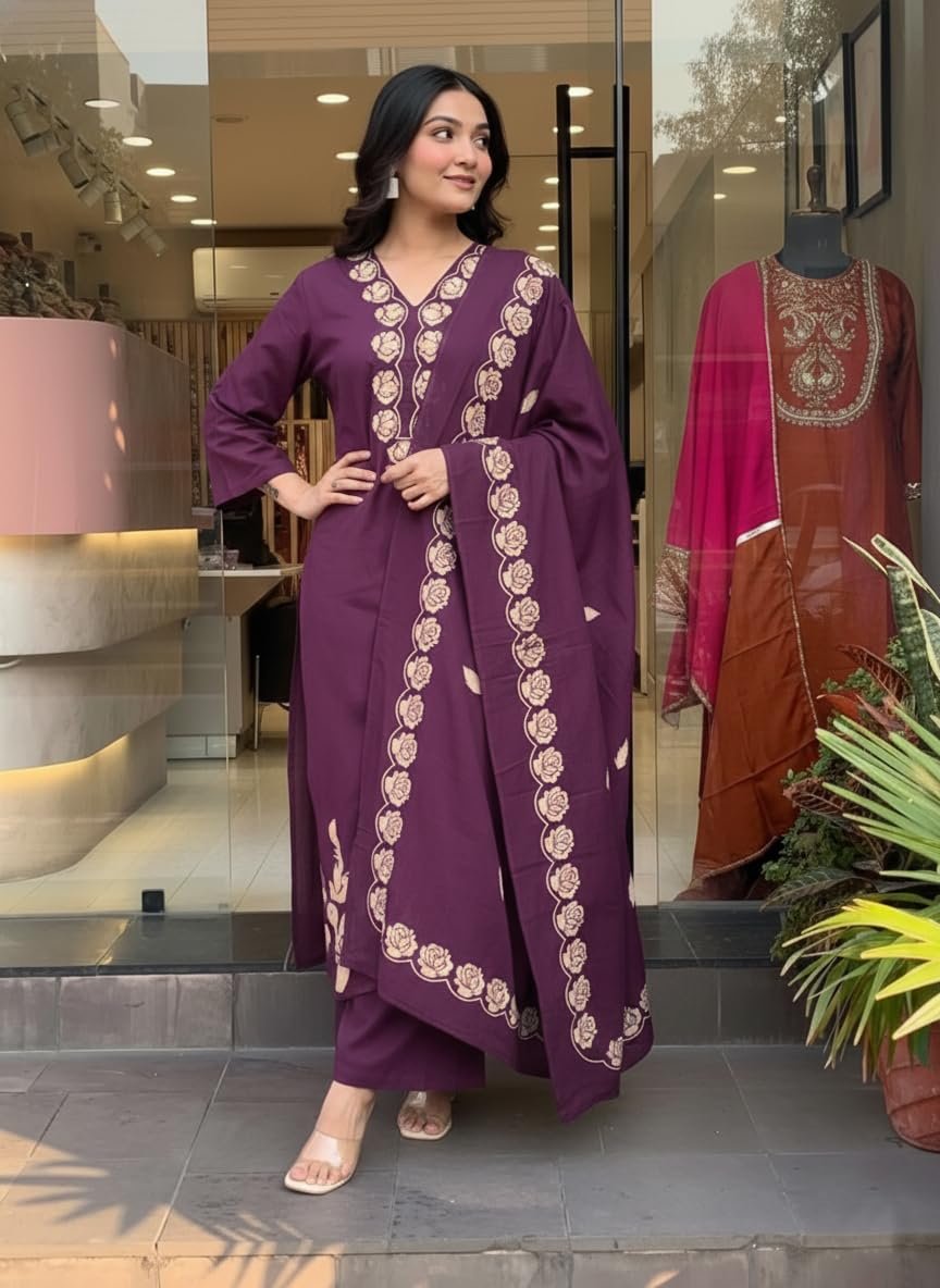 GoSriKi Women's Rayon Viscose Embroidered Straight Kurta with Palazzo & Dupatta - Image 4