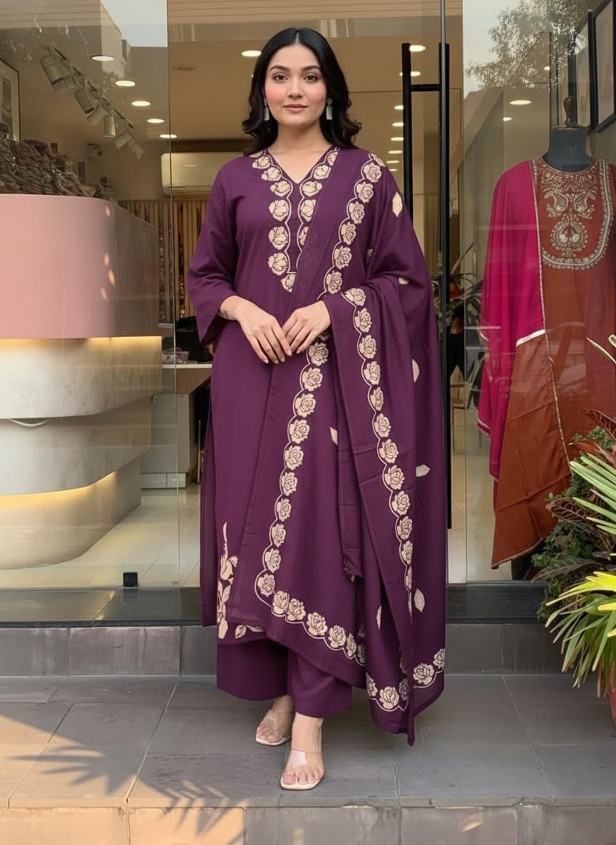 GoSriKi Women's Rayon Viscose Embroidered Straight Kurta with Palazzo & Dupatta - Image 3