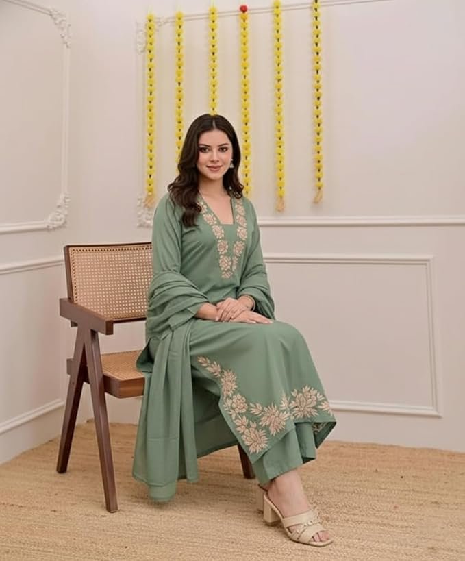 GoSriKi Women’s Viscose Straight Kurta Set with Pant & Dupatta - Image 3