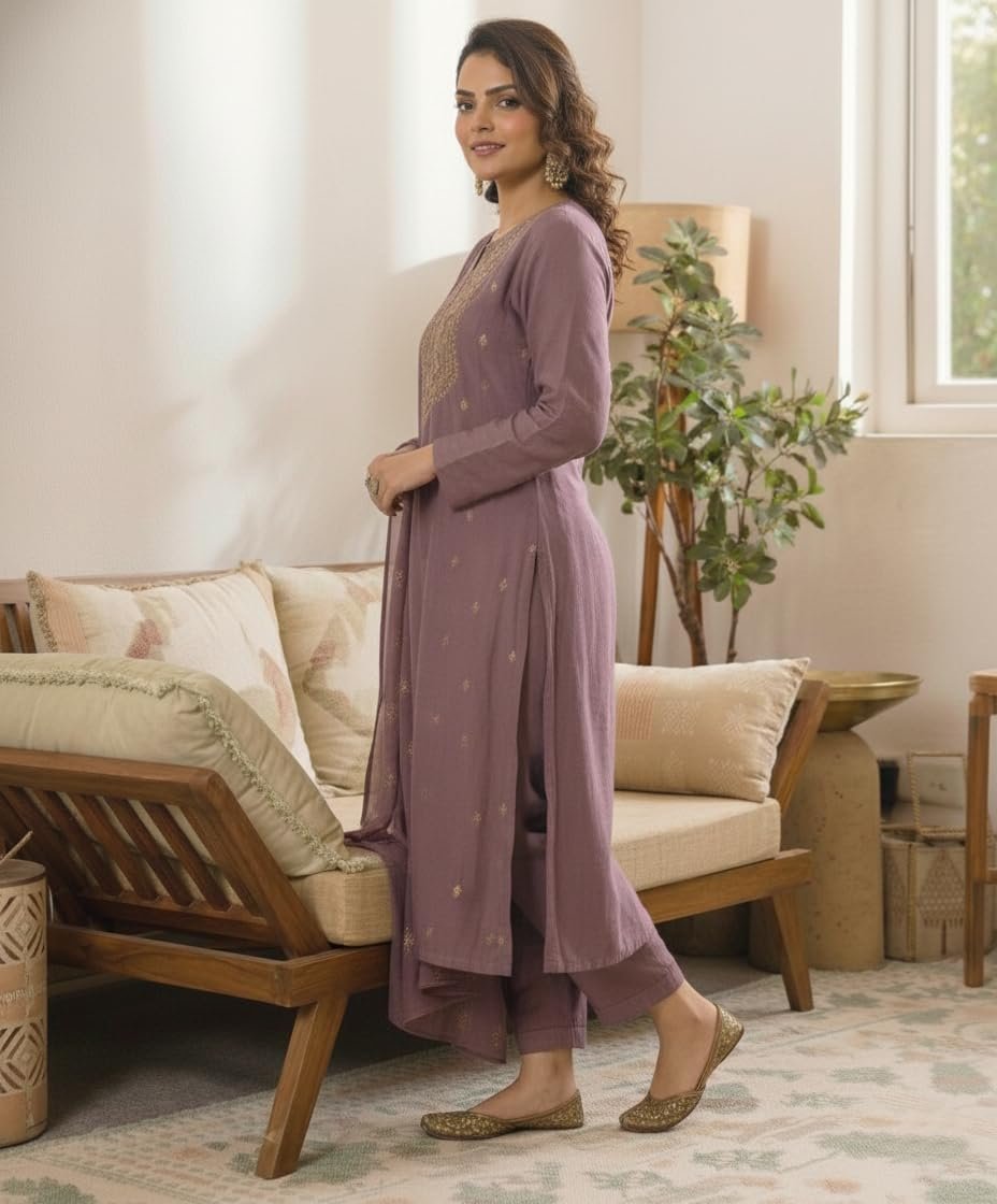 GoSriKi Women's Viscose Straight Fit Embroidered Printed Kurta Pant Dupatta Set - Image 4