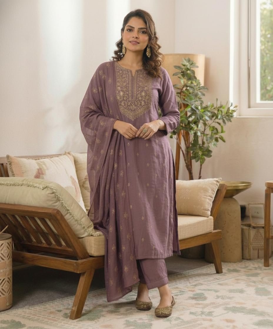 GoSriKi Women's Viscose Straight Fit Embroidered Printed Kurta Pant Dupatta Set - Image 3