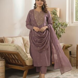 GoSriKi Women's Viscose Straight Fit Embroidered Printed Kurta Pant Dupatta Set