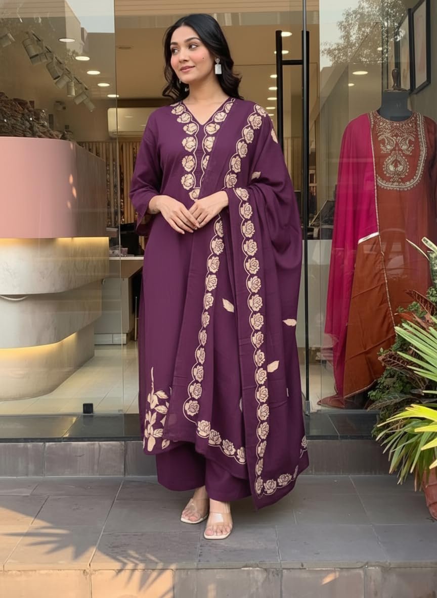 GoSriKi Women's Rayon Viscose Embroidered Straight Kurta with Palazzo & Dupatta - Image 5