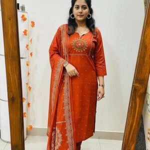 GoSriKi Women's Rayon Viscose Straight Embroidered Kurta with Pant & Dupatta