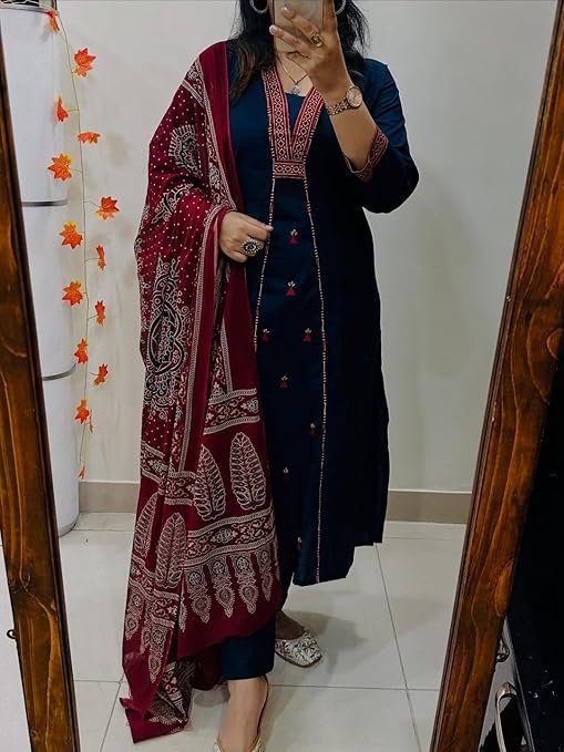 GoSriKi Women's Pure Cotton A-Line Kurta With Pant & Dupatta