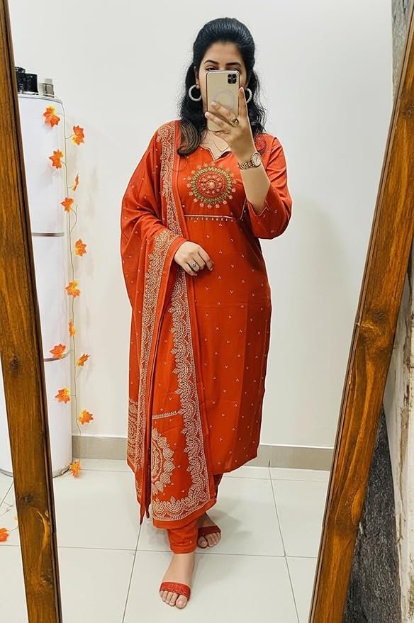 GoSriKi Women's Rayon Viscose Straight Embroidered Kurta with Pant & Dupatta - Image 3