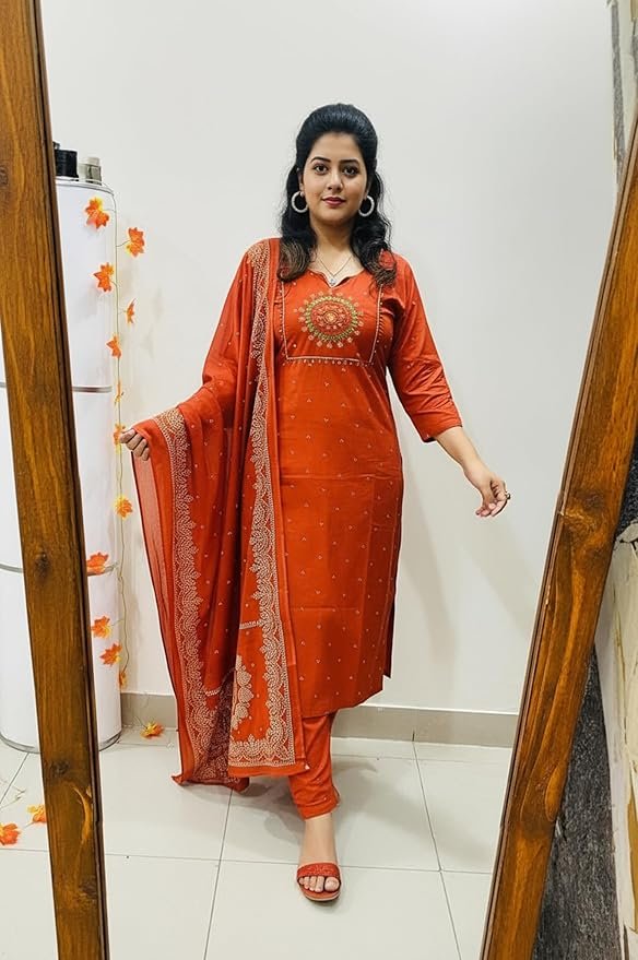 GoSriKi Women's Rayon Viscose Straight Embroidered Kurta with Pant & Dupatta - Image 4