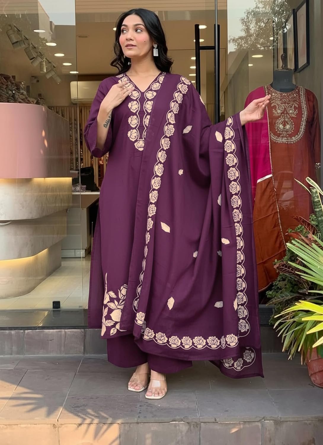 GoSriKi Women's Rayon Viscose Embroidered Straight Kurta with Palazzo & Dupatta