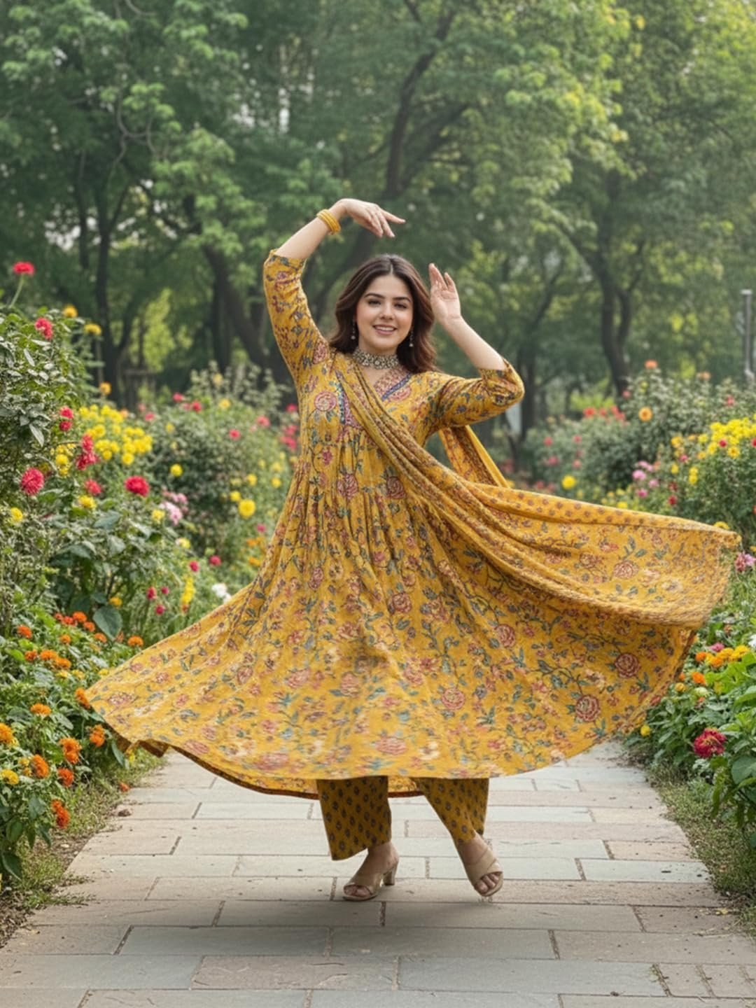 GoSriKi Women’s Rayon Viscose Anarkali Printed Kurta with Palazzo and Dupatta Set - Image 3