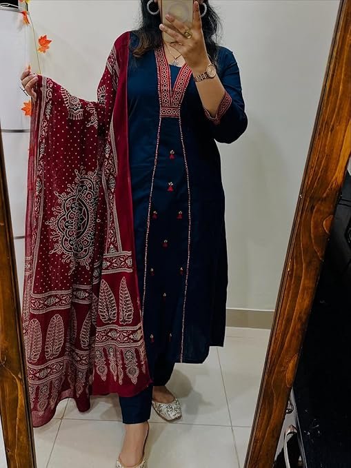 GoSriKi Women's Pure Cotton A-Line Kurta With Pant & Dupatta - Image 2