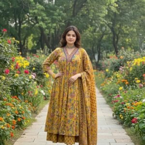 GoSriKi Women’s Rayon Viscose Anarkali Printed Kurta with Palazzo and Dupatta Set