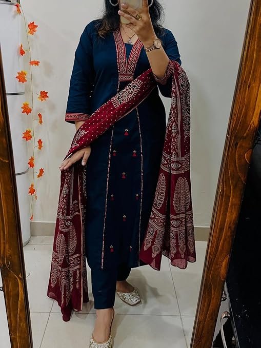 GoSriKi Women's Pure Cotton A-Line Kurta With Pant & Dupatta - Image 3